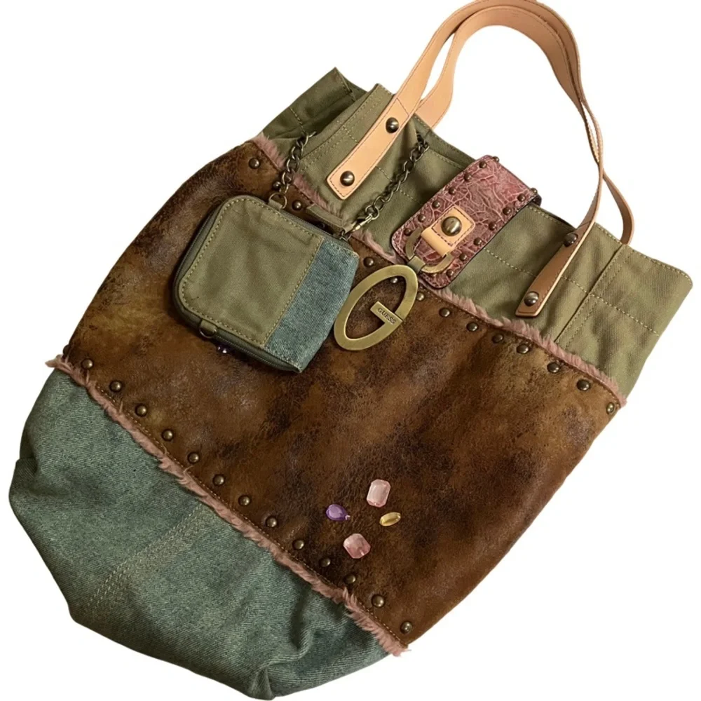 Vintage Y2k Guess Patchwork Reversible Tote Boho Fairycore Grunge Brass G Logo